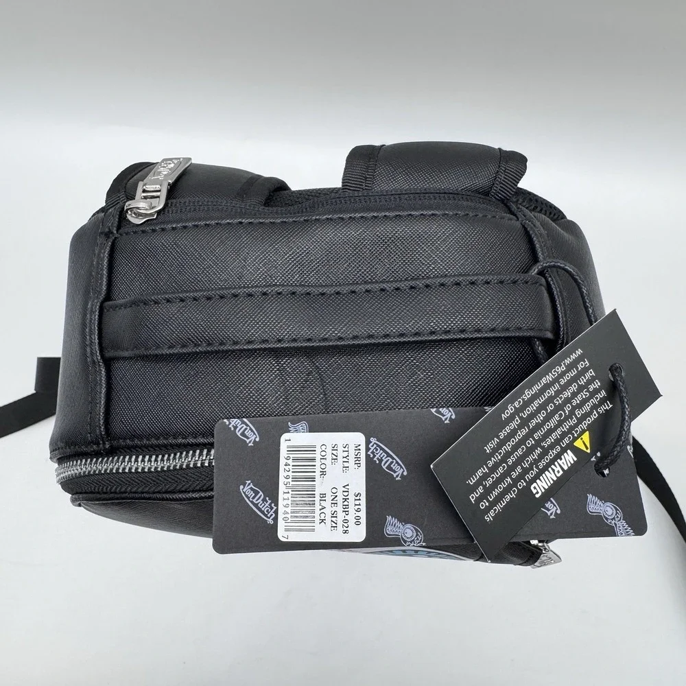 Von Dutch Sticker Logo Backpack Black Faux Leather Y2K VDKBP-028 NWT